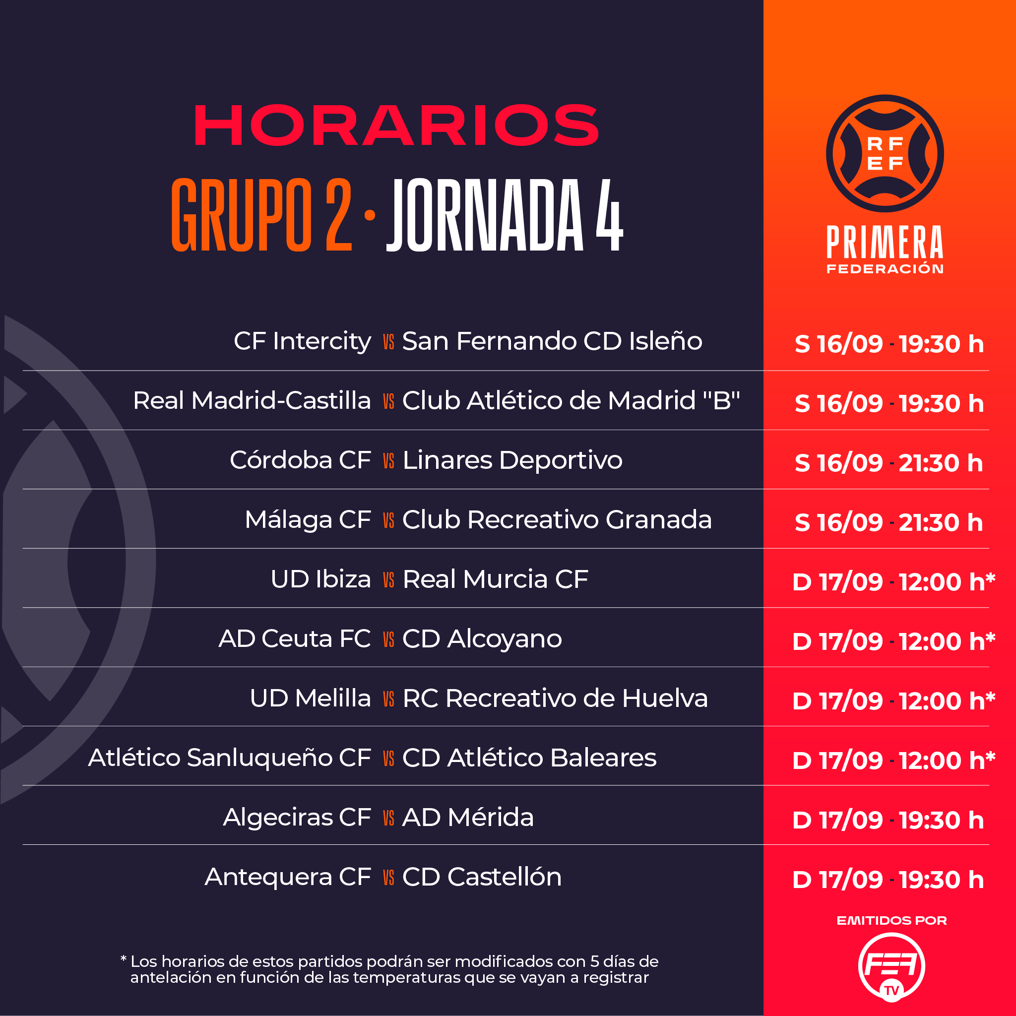 Consulta los horarios de la 3ª y 4ª jornada de Primera Federación www