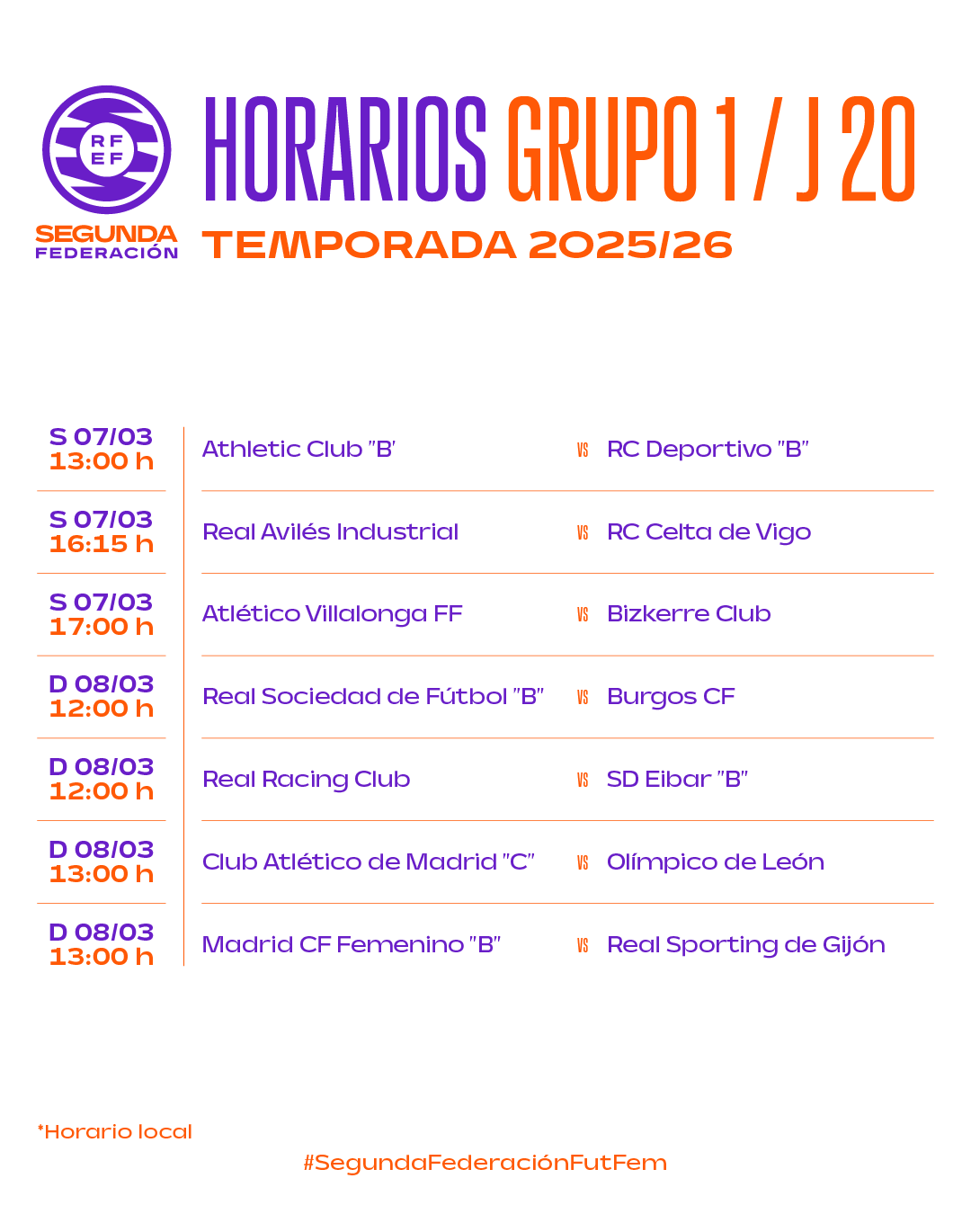 Horarios Grupo 1 - 2ª RFEF Femenina