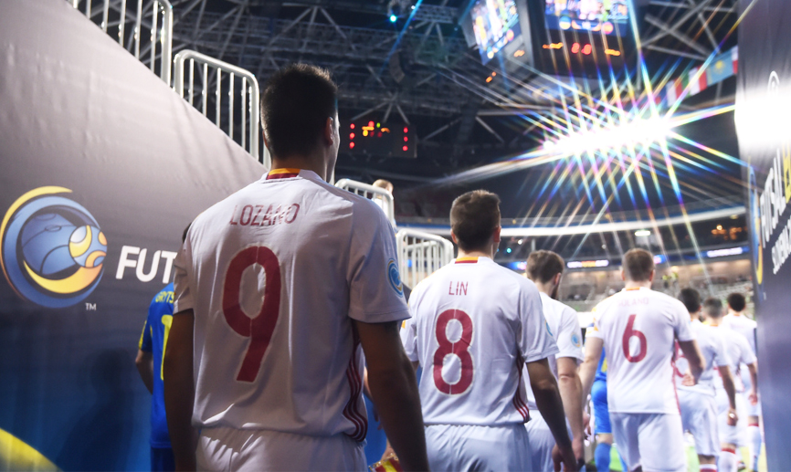 La selección española de fútbol sala, antes de su encuentro frente a Ucrania