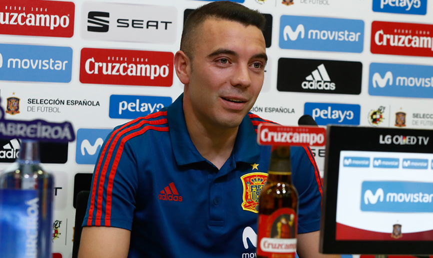 Iago Aspas durante la rueda de prensa en la Ciudad del Fútbol
