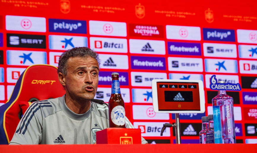 El seleccionador nacional, Luis Enrique Martínez, durante la rueda de prensa telemática de este jueves
