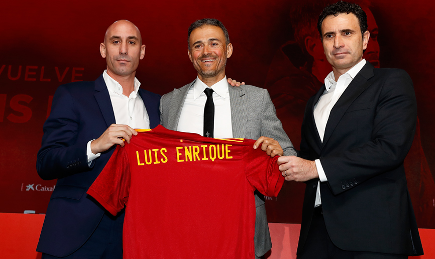 Luis Rubiales, presidente de la RFEF, Luis Enrique, seleccionador y José Francisco Molina, director deportivo