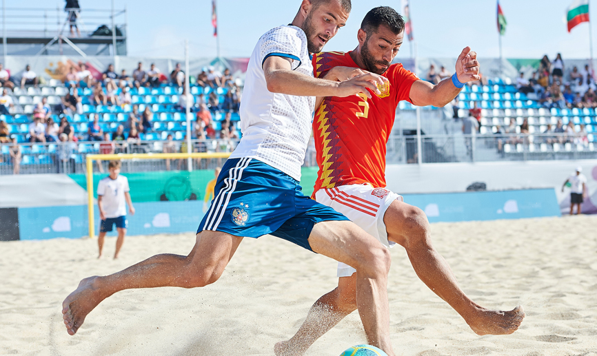Momento del partido entre España y Rusia de la Liga Europea de Fútbol Playa