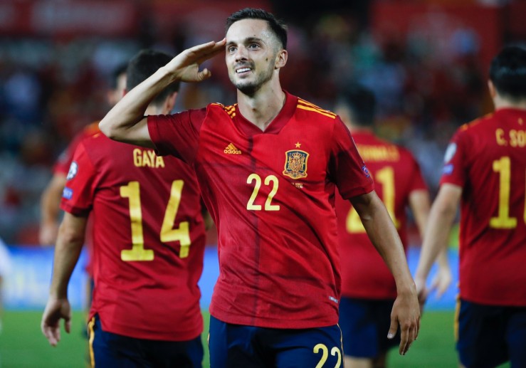 Pablo Sarabia celebra su gol a Georgia en Badajoz