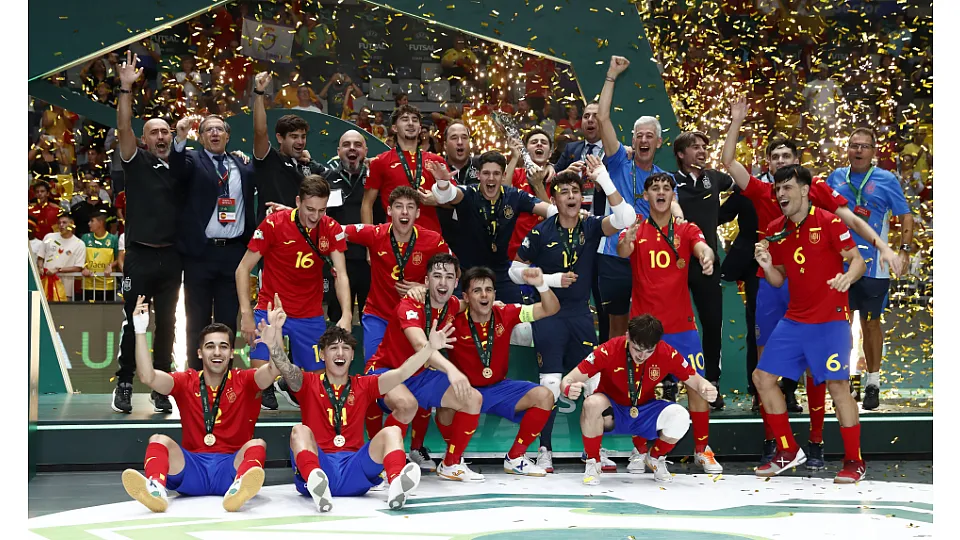 La Selección Española Sub-19 de fútbol sala, en la final del Europeo ante Portugal.