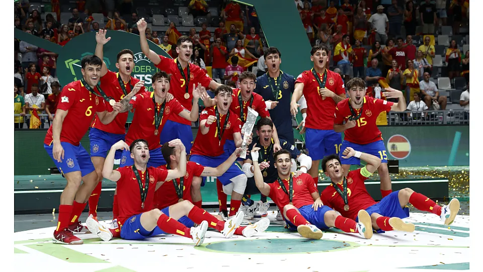 La Selección Española Sub-19 de fútbol sala, en la final del Europeo ante Portugal.