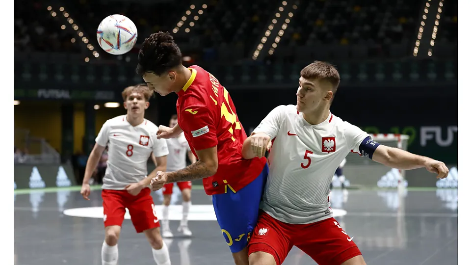 La Selección Española Sub-19 de fútbol sala, ante Polonia.
