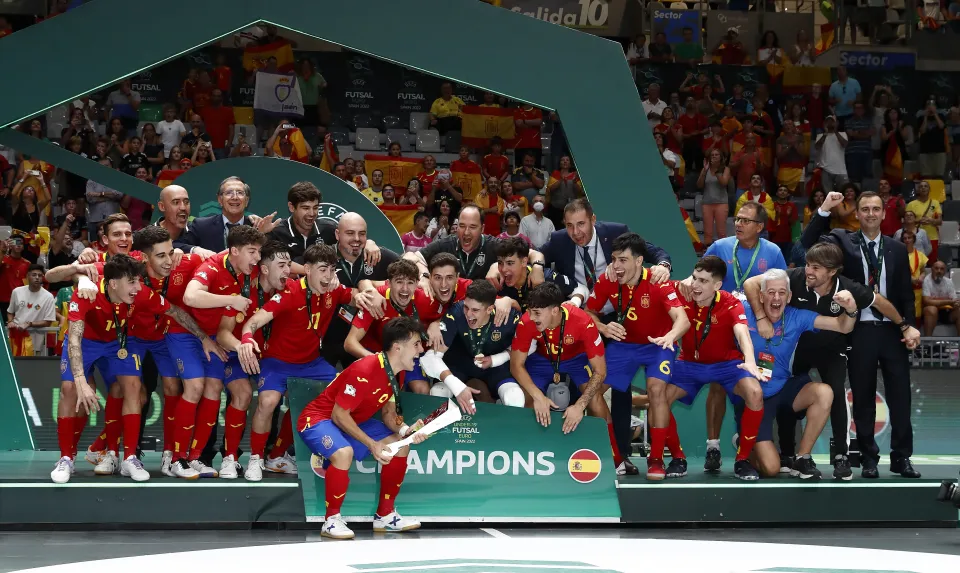 La Selección Española Sub-19 de fútbol sala, en la final del Europeo ante Portugal.