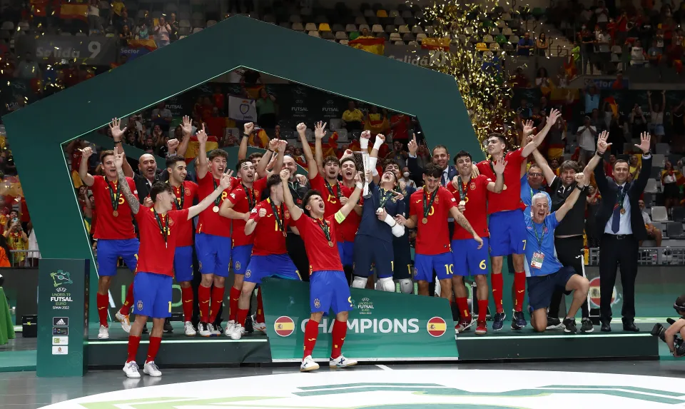 La Selección Española Sub-19 de fútbol sala, en la final del Europeo ante Portugal.