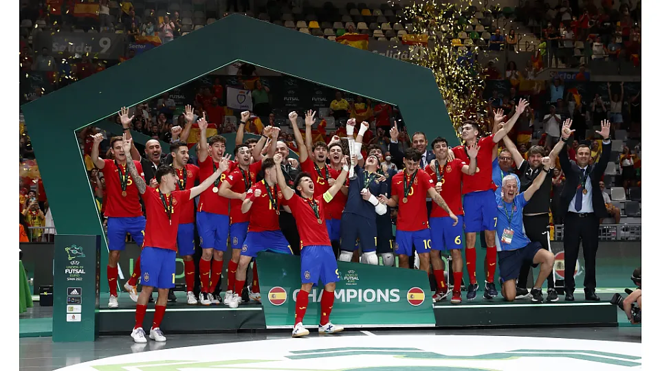 La Selección Española Sub-19 de fútbol sala, en la final del Europeo ante Portugal.