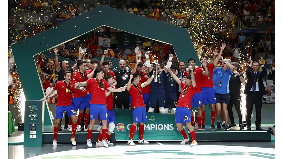 La Selección Española Sub-19 de fútbol sala, en la final del Europeo ante Portugal.