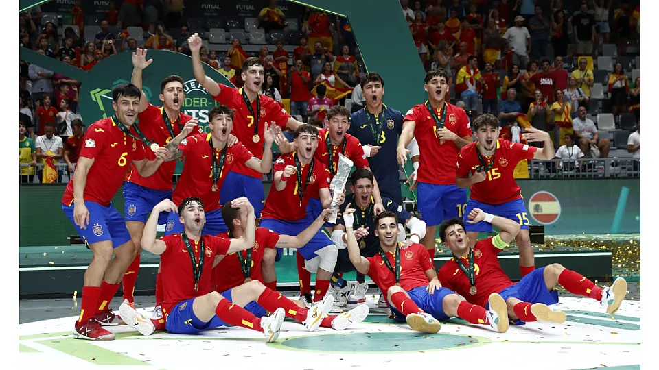 La Selección Española Sub-19 de fútbol sala, en la final del Europeo ante Portugal.