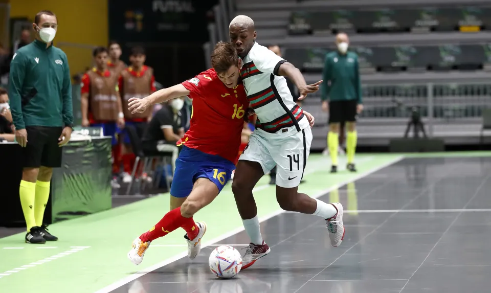 La Selección Española Sub-19 de fútbol sala, en la final del Europeo ante Portugal.