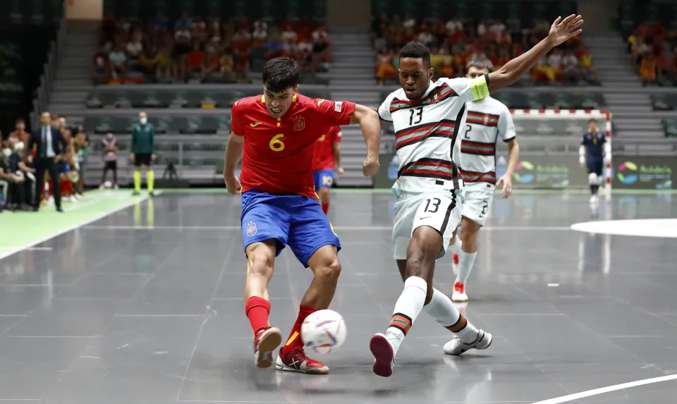 La Selección Española Sub-19 de fútbol sala, en la final del Europeo ante Portugal.