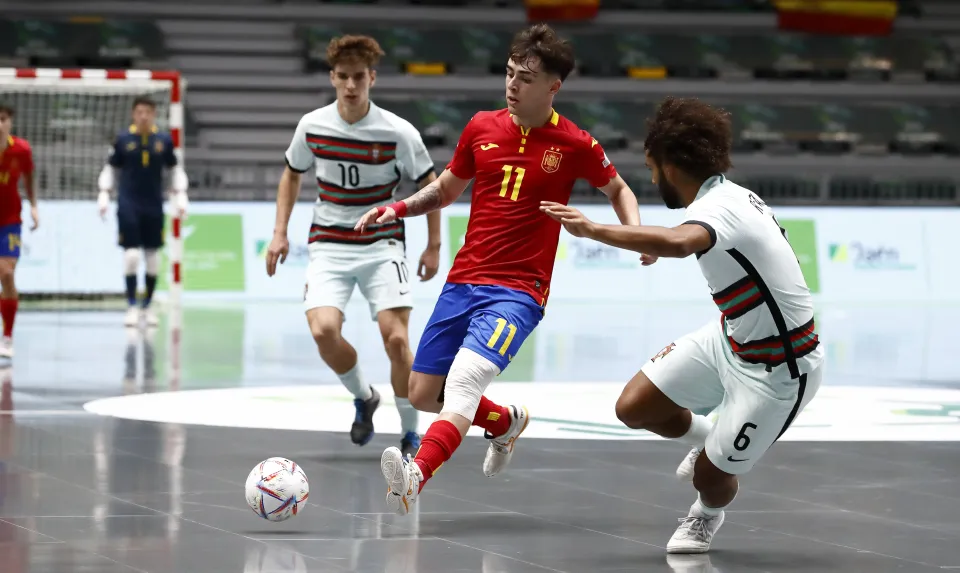 La Selección Española Sub-19 de fútbol sala, en la final del Europeo ante Portugal.