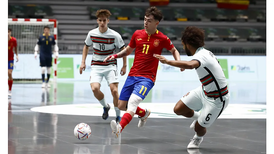 La Selección Española Sub-19 de fútbol sala, en la final del Europeo ante Portugal.