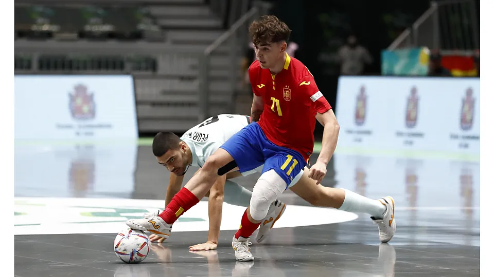 La Selección Española Sub-19 de fútbol sala, en la final del Europeo ante Portugal.