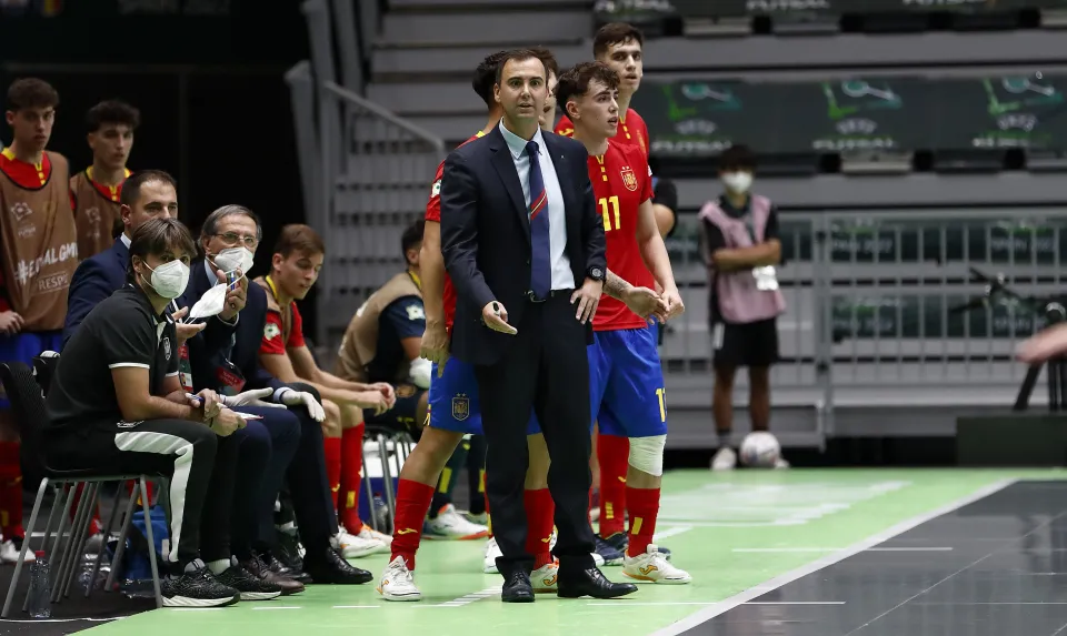La Selección Española Sub-19 de fútbol sala, en la final del Europeo ante Portugal.