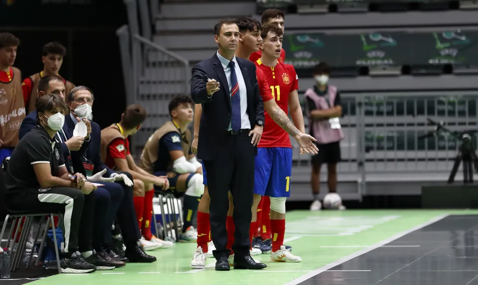 La Selección Española Sub-19 de fútbol sala, en la final del Europeo ante Portugal.