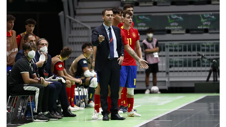 La Selección Española Sub-19 de fútbol sala, en la final del Europeo ante Portugal.