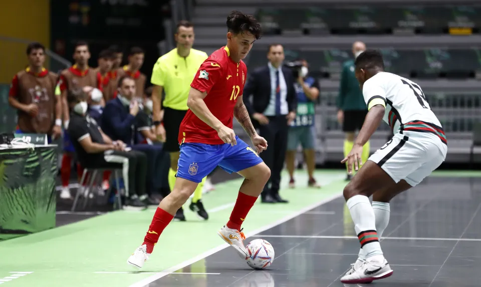 La Selección Española Sub-19 de fútbol sala, en la final del Europeo ante Portugal.