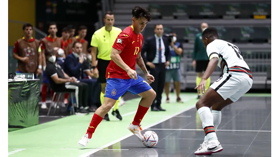 La Selección Española Sub-19 de fútbol sala, en la final del Europeo ante Portugal.