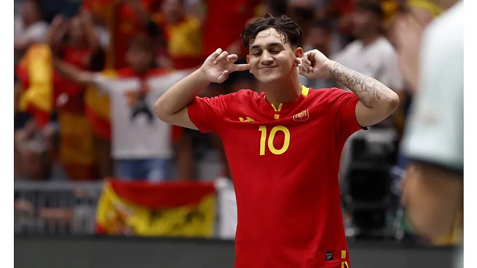 La Selección Española Sub-19 de fútbol sala, en la final del Europeo ante Portugal.