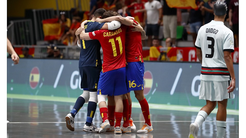La Selección Española Sub-19 de fútbol sala, en la final del Europeo ante Portugal.