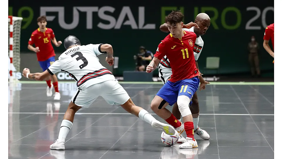 La Selección Española Sub-19 de fútbol sala, en la final del Europeo ante Portugal.