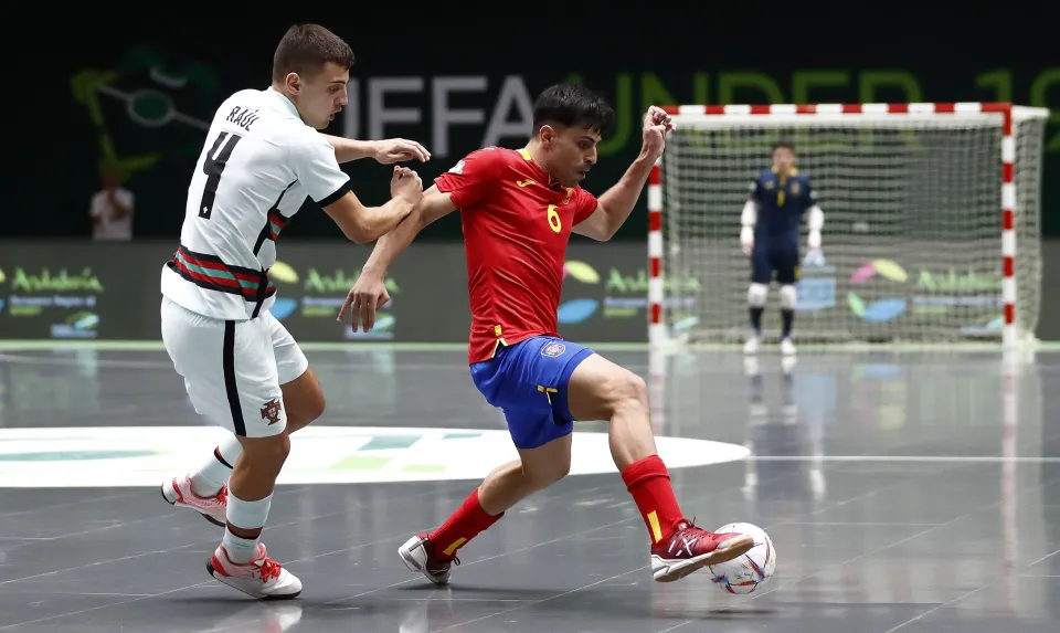 La Selección Española Sub-19 de fútbol sala, en la final del Europeo ante Portugal.