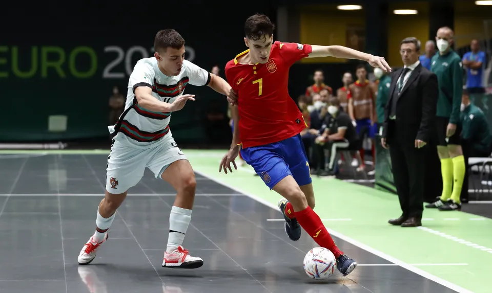 La Selección Española Sub-19 de fútbol sala, en la final del Europeo ante Portugal.