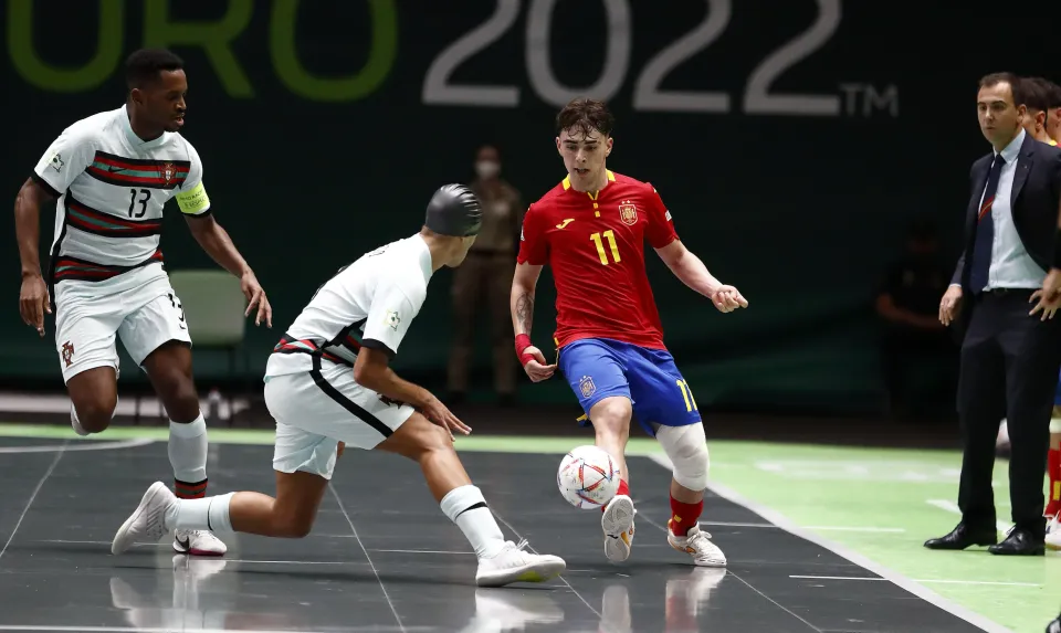 La Selección Española Sub-19 de fútbol sala, en la final del Europeo ante Portugal.