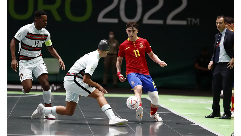 La Selección Española Sub-19 de fútbol sala, en la final del Europeo ante Portugal.