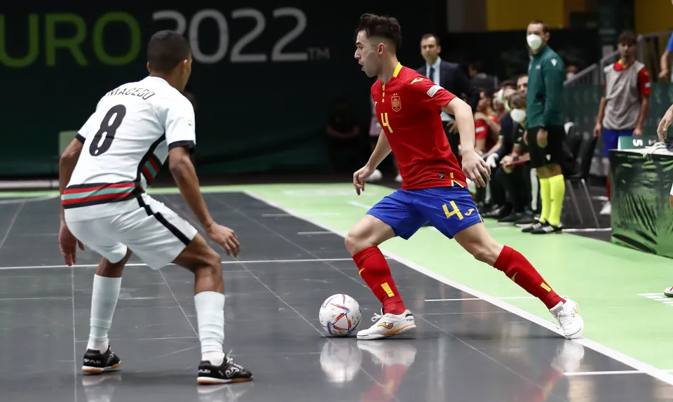 La Selección Española Sub-19 de fútbol sala, en la final del Europeo ante Portugal.
