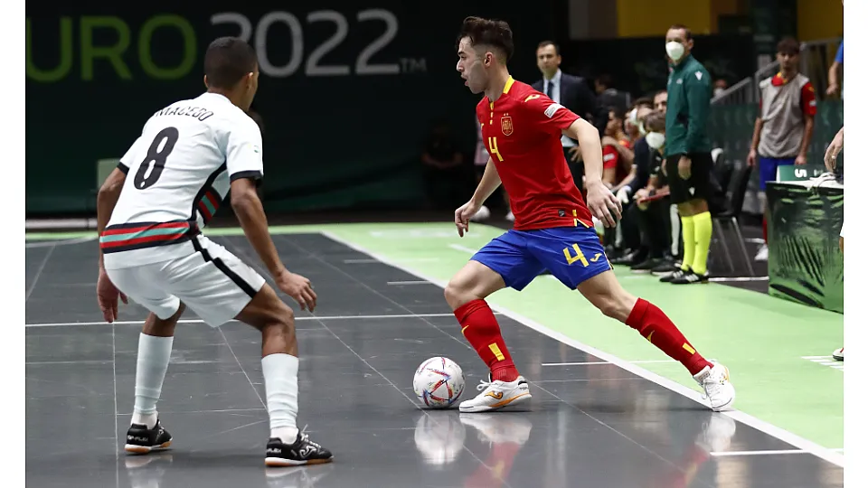 La Selección Española Sub-19 de fútbol sala, en la final del Europeo ante Portugal.