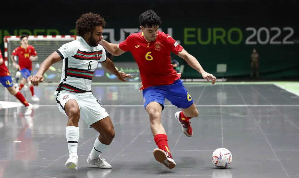 La Selección Española Sub-19 de fútbol sala, en la final del Europeo ante Portugal.