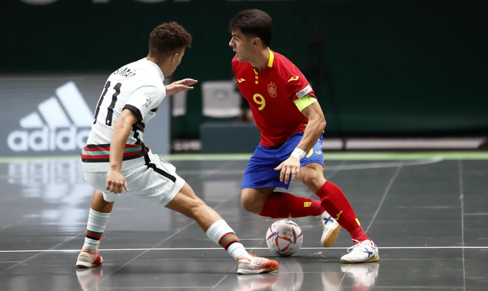 La Selección Española Sub-19 de fútbol sala, en la final del Europeo ante Portugal.