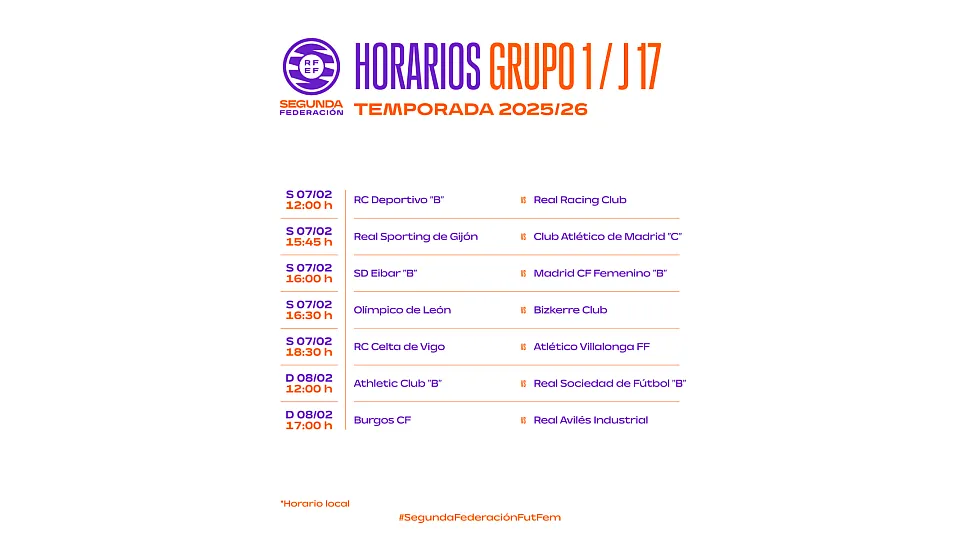 Horarios del grupo 1 de 2ª RFEF - Jornada 17