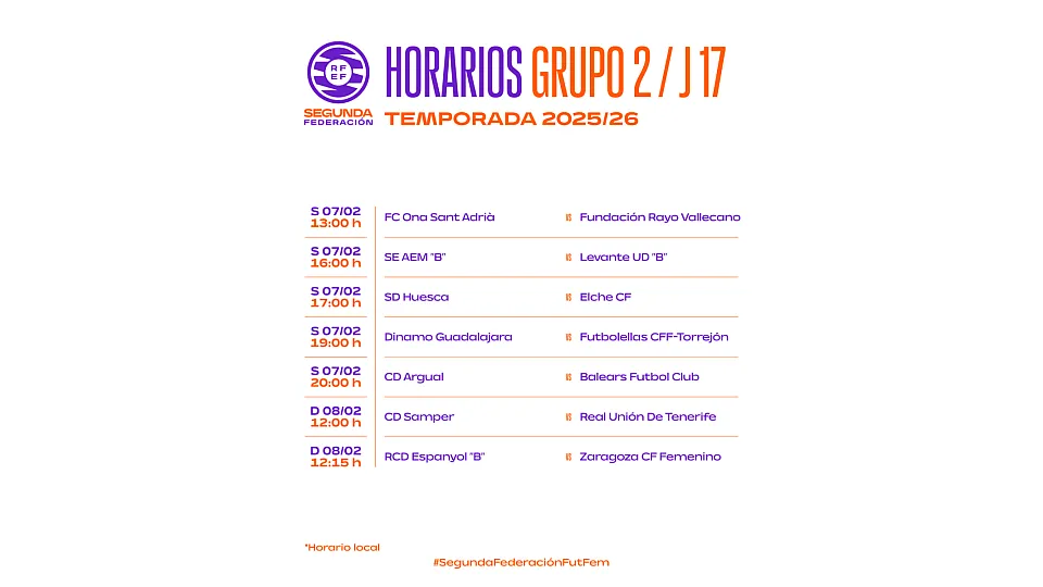 Horarios del grupo 2 de 2ª RFEF - Jornada 17