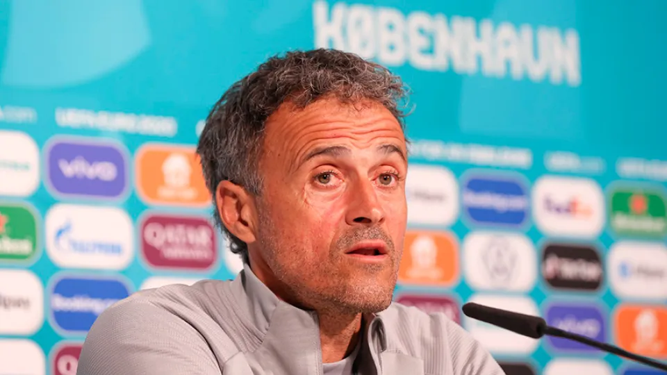 El seleccionador nacional durante la rueda de prensa en Copenhague