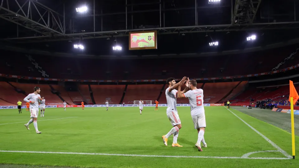 España celebra su gol en Ámsterdam