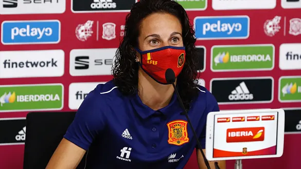 María Alharilla durante su rueda de prensa telemática en la Ciudad del Fútbol 