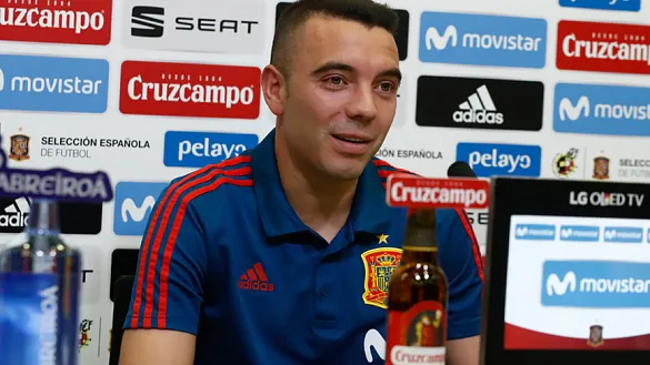 Iago Aspas durante la rueda de prensa en la Ciudad del Fútbol