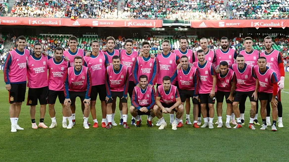 La Selección española de fútbol posa sobre el césped del estadio Benito Villamarín