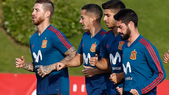 Sergio Ramos, Lucas Vázquez, Marco Asensio e Isco Alarcón durante el entrenamiento del equipo en Las Rozas