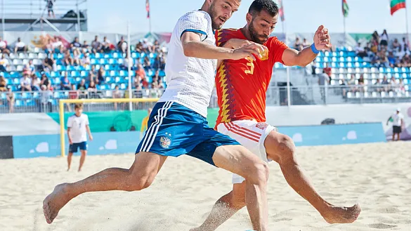 Momento del partido entre España y Rusia de la Liga Europea de Fútbol Playa