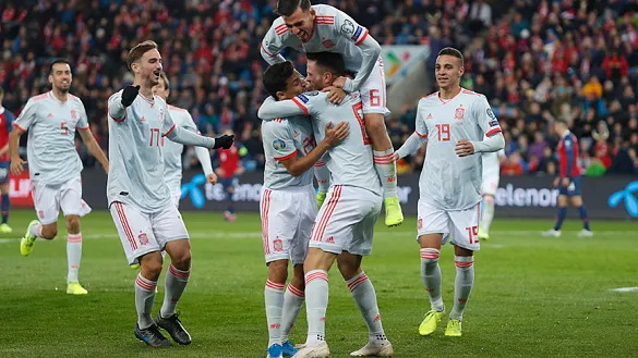 La Selección española celebra el gol conseguido ante Noruega